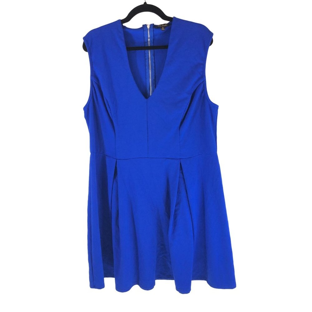 City Studio Dress A Line Pleated Sleeveless V Neck Blue 3X
